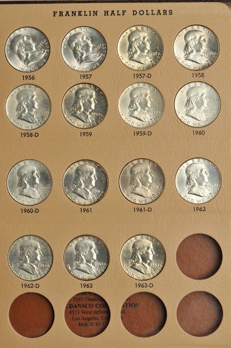 Complete collection of Franklin half-dollars in a Dansco 7165 album.