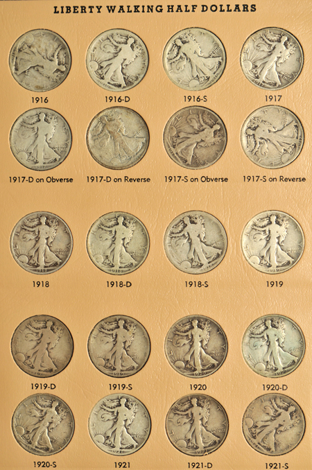 Complete collection of Walking Liberty half-dollars in a Dansco 7160 album.