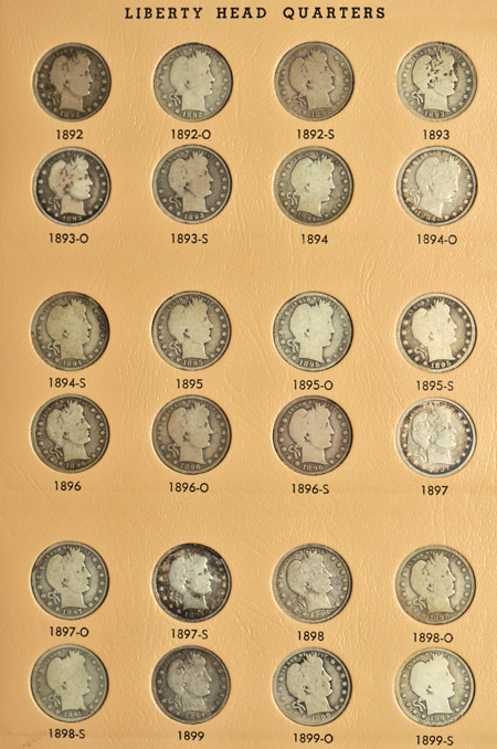 Nearly complete collection of Barber quarters in a Dansco 7130 album.