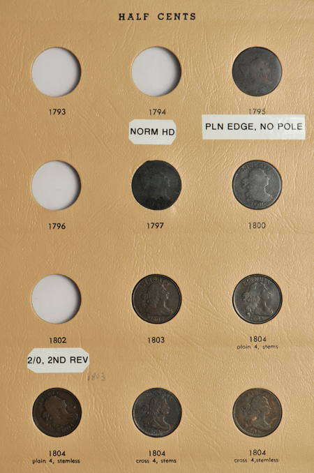 Collection of thirty-seven half-cents in a Dansco 7098 album.