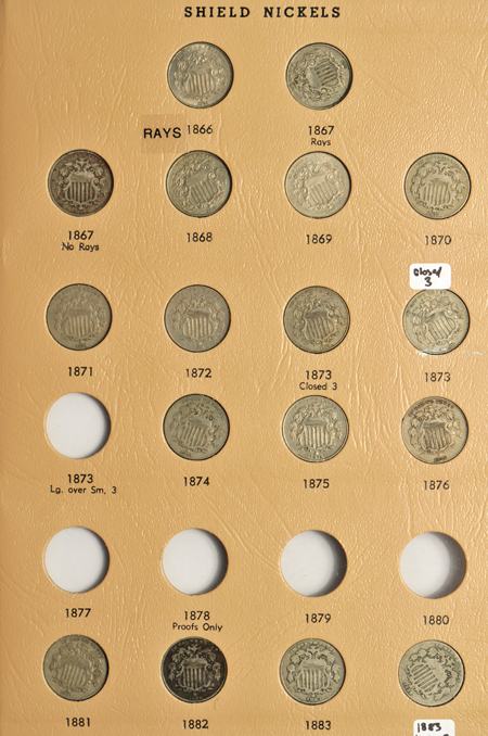 Partial collection of Shield nickels in a Dansco 6110 album.