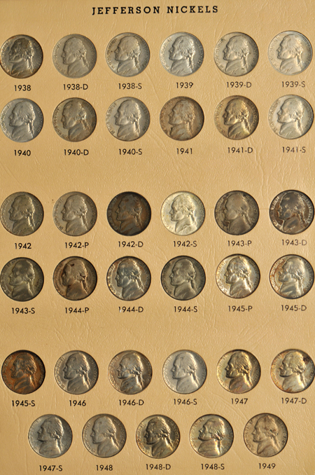 Complete collection of Jefferson nickels, 1938-2005, including proof-only issues, in a Dansco 8113 album.