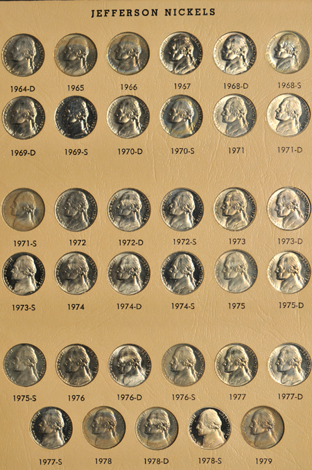 Complete collection of Jefferson nickels, 1938-2005, including proof-only issues, in a Dansco 8113 album.