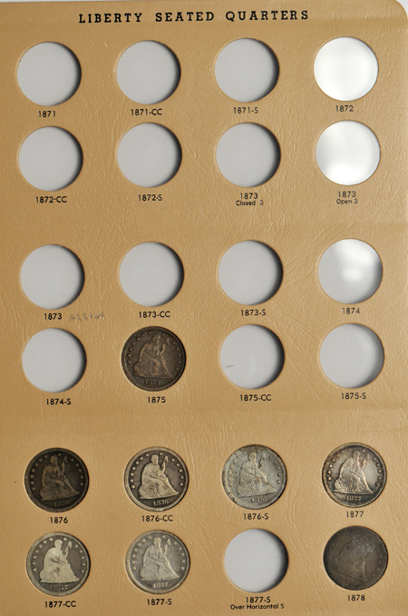 Twenty-four different Seated Liberty quarters in a Dansco 6142 album.