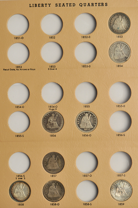 Twenty-four different Seated Liberty quarters in a Dansco 6142 album.