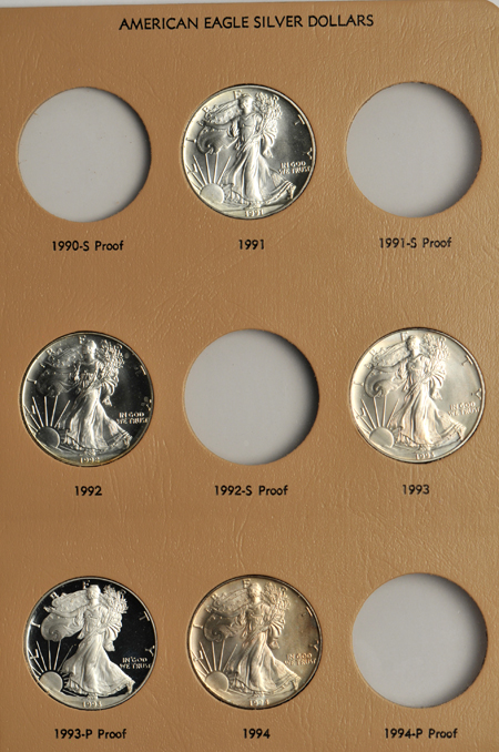 Partial collection of American Silver Eagles in two Dansco albums.