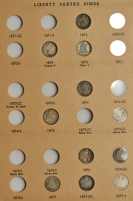 Forty-eight different Liberty Seated dimes in a Dansco 6122 album.