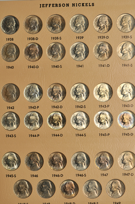 Complete collection of Jefferson nickels, 1938-2013, in a Dansco 8113 album.