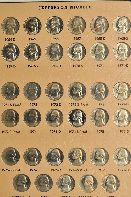 Complete collection of Jefferson nickels, 1938-2013, in a Dansco 8113 album.