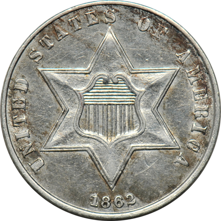Fourteen 3-cent silver coins.