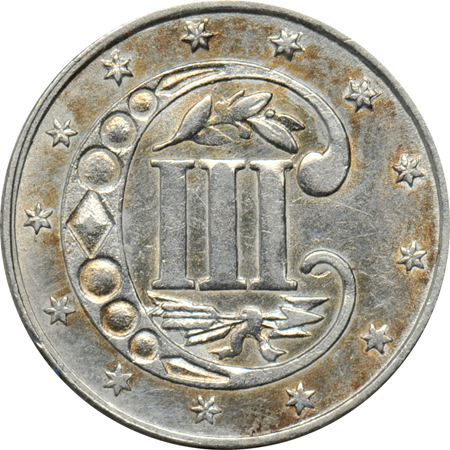 Fourteen 3-cent silver coins.