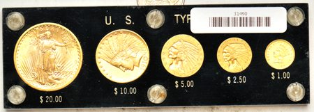 Five piece U.S. gold type set in a Capital Plastics holder, all XF to AU.