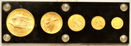 Five piece U.S. gold type set in a Capital Plastics holder, all XF to AU.