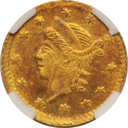 1860 6/5 25-cent Round Liberty (BG-819) NGC MS-64.