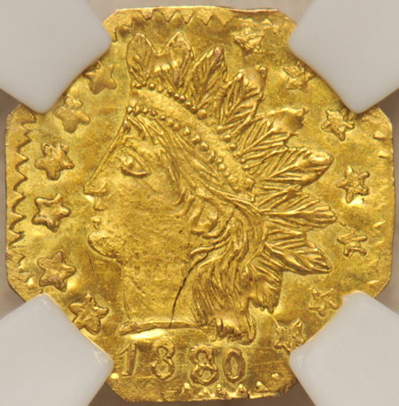 1880 8/7 25-cent Octagonal Indian (BG-799I, R.6) NGC MS-64.