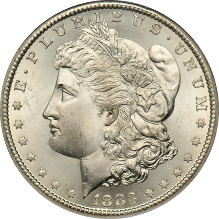 1883-CC, plus four additional silver dollars, all UNC.