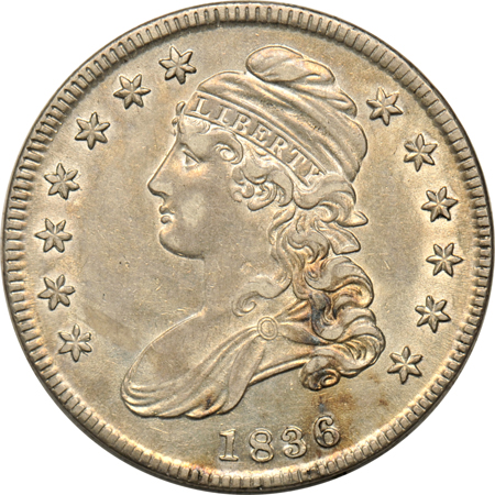 Sheet of eleven Bust half-dollars, consecutive dates 1826 through 1836.