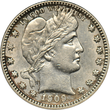 1900 Lafayette dollar, and a 1909-D Barber quarter, as described.