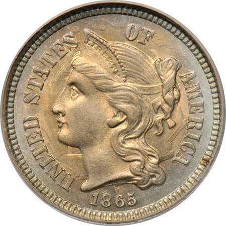 1865 three-cent nickel, and a 1921 Morgan dollar (VAM-3), both SEGS.