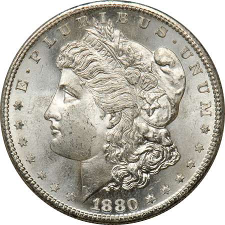 Twenty 1880-S Morgan dollars, all UNC.