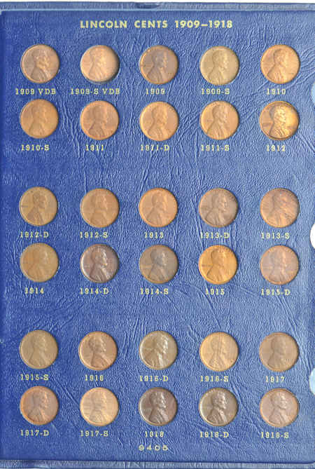 Nearly complete collection of Lincoln cents in a Whitman 9405 album.