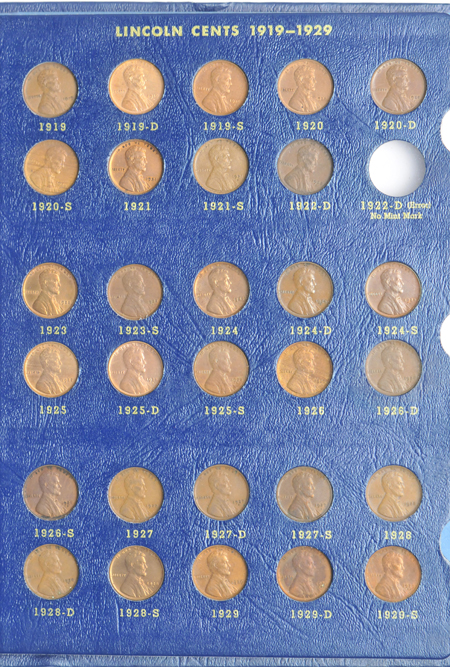 Nearly complete collection of Lincoln cents in a Whitman 9405 album.