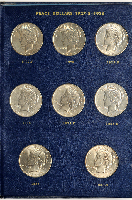 Completely filled Whitman 9430 album-collection of Peace dollars.