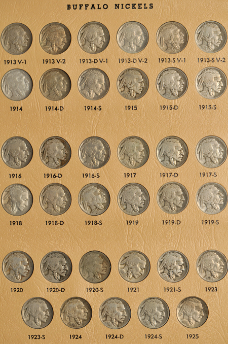 Collection of Buffalo nickels, all except 1916/16 and 1918/7, in a Dansco 7112 album.