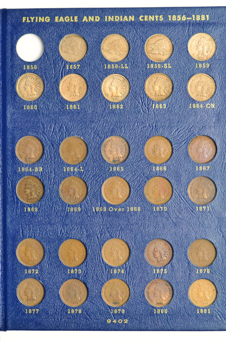 Collection of Flying Eagle and Indian cents, all except 1856, in a Whitman 9402 album.