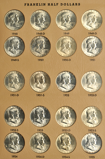 Complete collection of UNC Franklin half-dollars in a Dansco 7165 album.