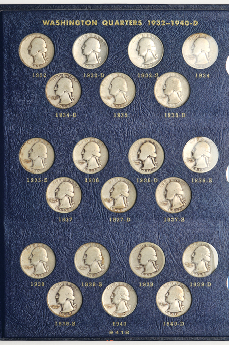 Collections of Washington quarters and Franklin half-dollars in Whitman albums.