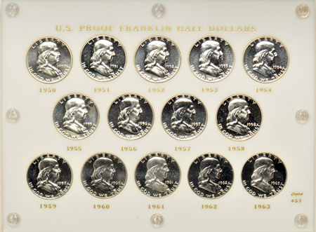 Collection of Fourteen Proof Franklin half-dollars in a Capital Plastic holder.