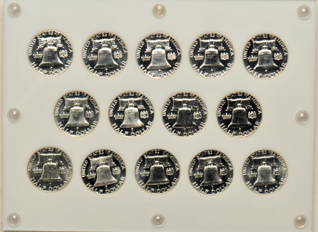 Collection of Fourteen Proof Franklin half-dollars in a Capital Plastic holder.