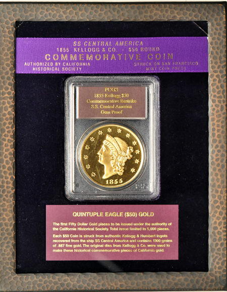 Restrike - 1855 Gold $50, S.S. Central America, PCGS GEM Proof.