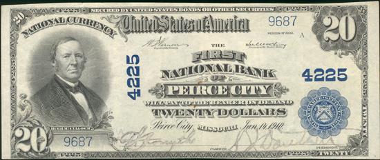 1902 $20 Peirce City, MO Charter# 4225 Blue Seal F/small reverse rust stain.