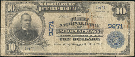 1902 $10 Siloam Springs, AR Charter# 9871 Blue Seal VG.