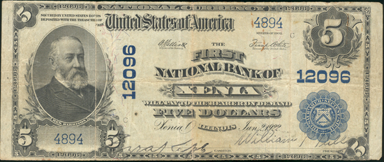 1902 $5 Xenia, IL Charter# 12096 Blue Seal VG.