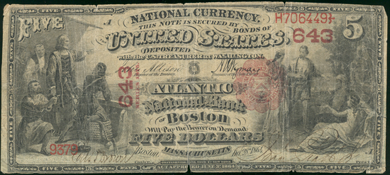 1875 $5 Boston, MA Charter# 643 Scallops Good/splits.