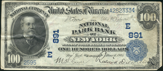 1902 $100 New York, NY Charter# 891 Blue Seal Date Back F/pinholes/tears/torn cornertip.