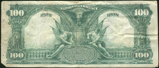 1902 $100 New York, NY Charter# 891 Blue Seal Date Back F/pinholes/tears/torn cornertip.