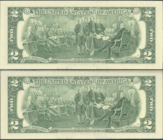 Two 2003-A $2 San Francisco, sequential Fancy Serial Numbers, Fort Worth facility, both PCGS Superb GemCU-67PPQ.