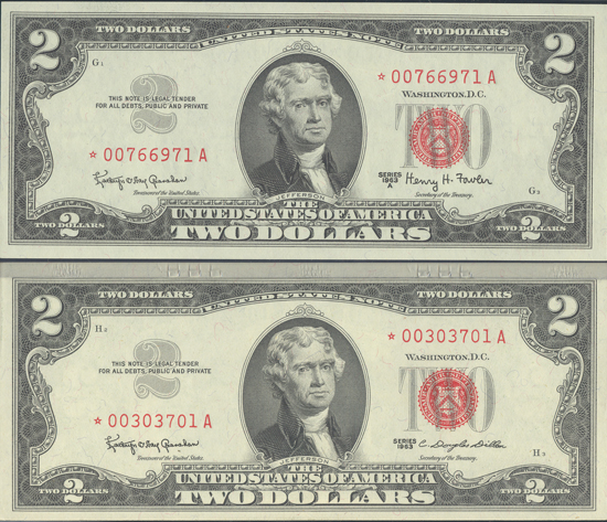 1963 $2 Star PCGS GemCU-65PPQ, and a 1963-A $2 Star PMG GemCU-65 EPQ.