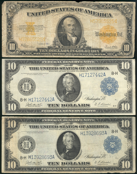 1922 $10 Gold Certificate VG, a pair of 1914 $10 Federal Reserve Notes St. Louis, and a 1928 $10 Gold Certificate.