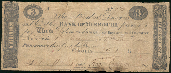 Missouri Territorial - Ste Genevieve $3 signed by Auguste Chouteau.