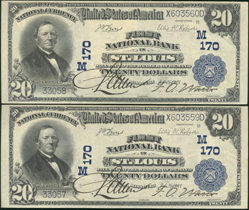 Pair of 1902 $20 St. Louis, MO Charter# 170 Blue Seal XF.