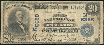 1902 $20 Fulton, MO Charter# 8358 Blue Seal Date Back VG.