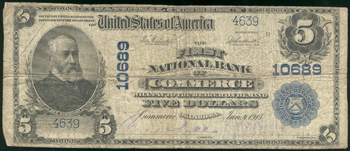 1902 $5 Commerce, OK Charter# 10689 Blue Seal VG.