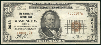 1929 $50 Washington, IN Charter# 2043 Ty. 1. VF.