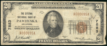 1929 $20 Pawhuska, OK Charter# 7883 Ty. 1. F.