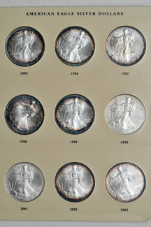 Collection of American Silver Eagles, some beautifully toned, 1986 through 2003.